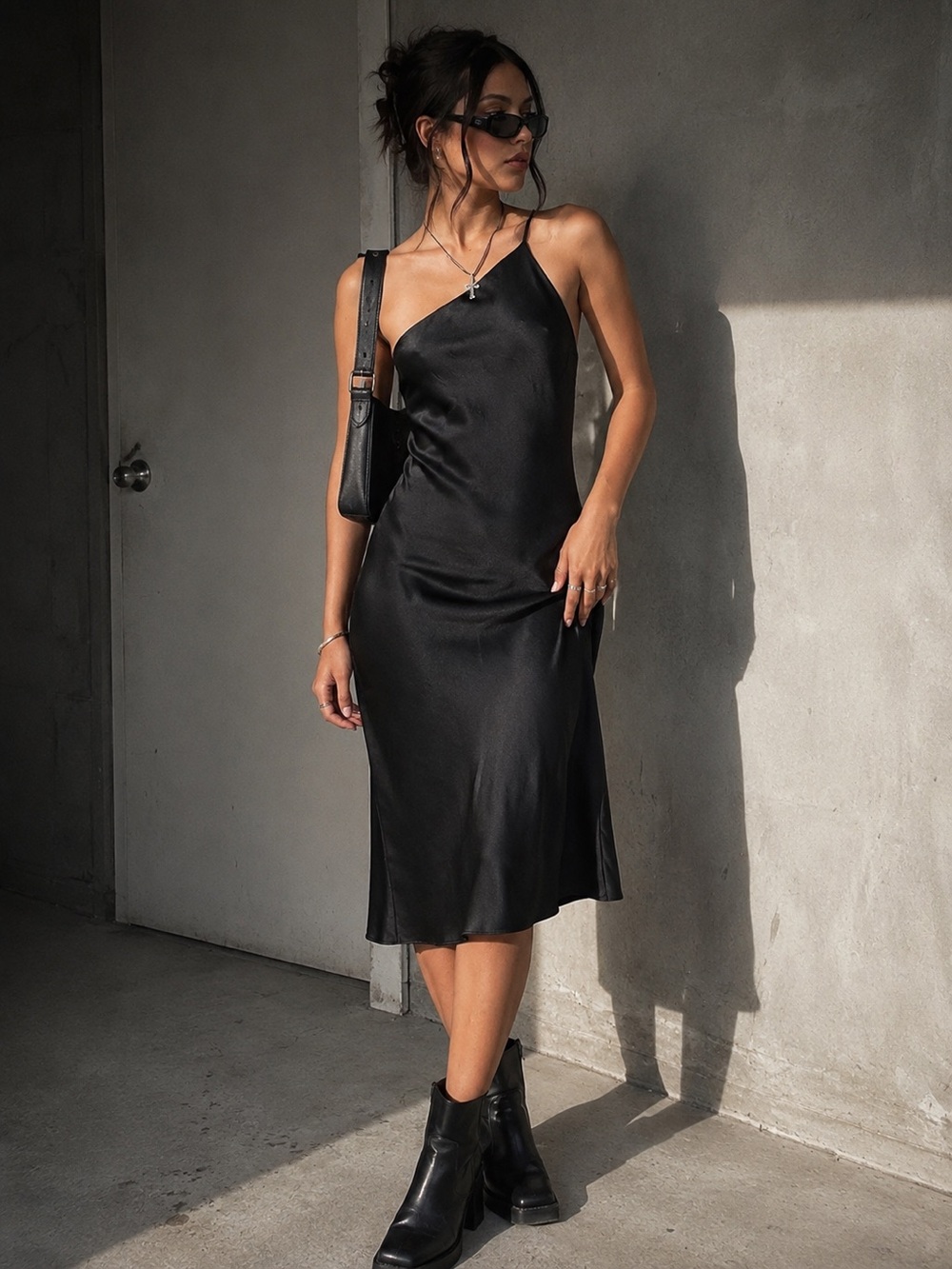 Express Satin One Shoulder Slip Dress Black XS | Cross Back | Y2K 90s
